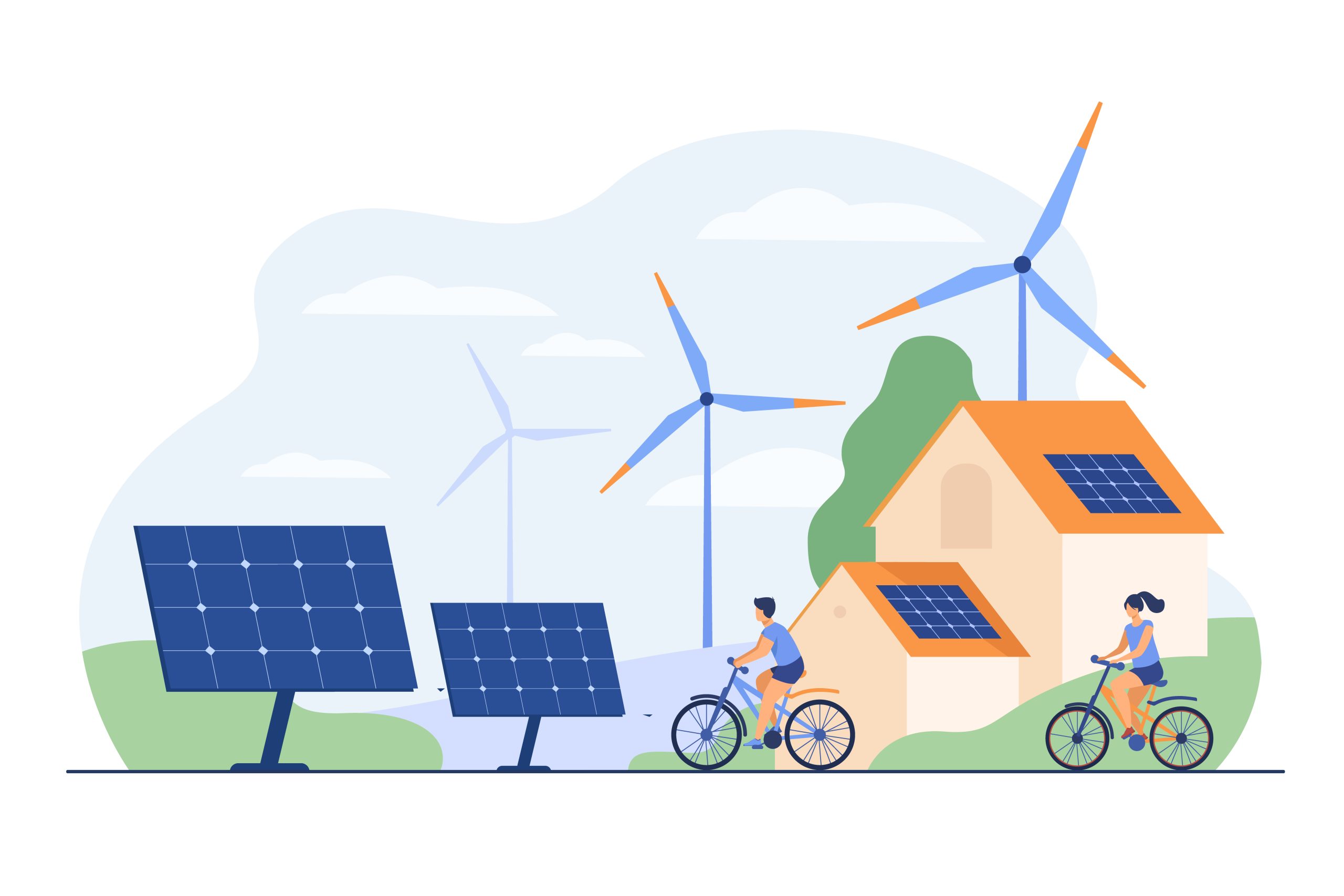 Active people on bikes, windmills and house with solar panel on rooftop flat vector illustration. Cartoon characters living healthy lifestyle. Renewable energy and smart technology concept